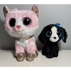 Lot Of 2 Ty Silk Beanies 8” Fiona Pink Cat & 6” Tracey Black Dog Glitter Eyes